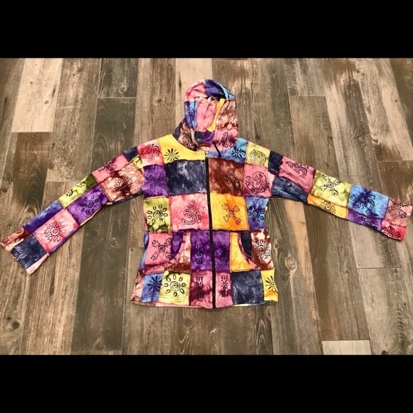 Windhorse Womens Tie Dye Patchwork Hippy Colorful Festival FullZip Hoodie Size M - Picture 1 of 7